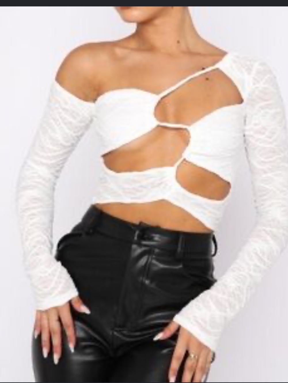 White Fox Boutique Step Aside White Lace Asymmetric Cutout Long Sleeve Crop Top